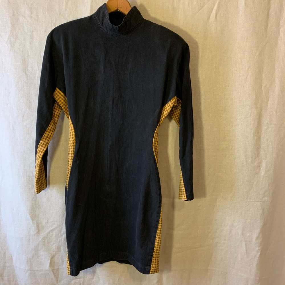 Vintage Black/Yellow Houndstooth Stripe Mini Dress
